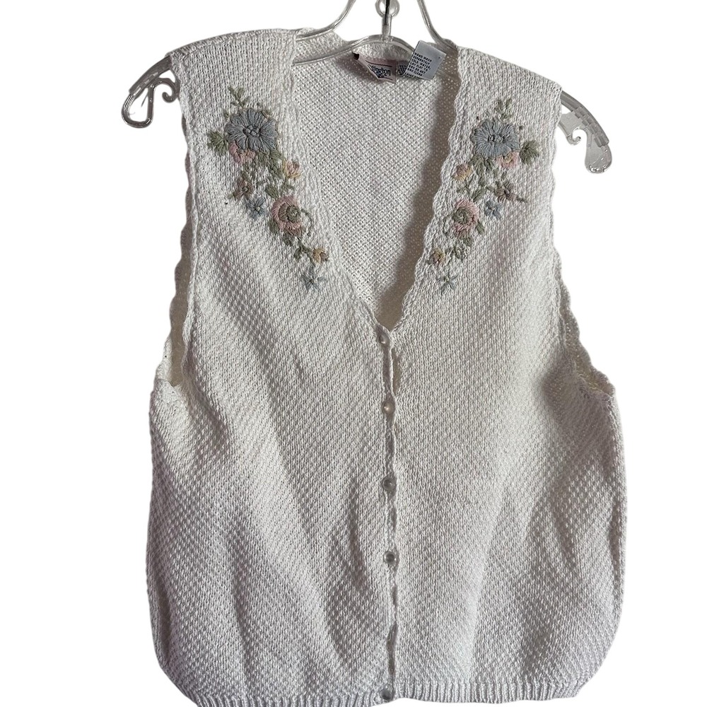 Huntington‎ Ridge Knit Sweater Vest Womens M White Floral Embroidered Excellent